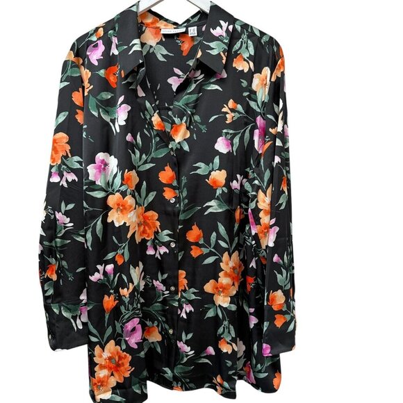 SUSAN GRAVER Satin Blouse Plus Size 2X Black Floral Long Sleeve Womens Top NWOT - Picture 1 of 11